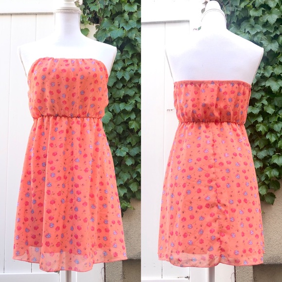 NEW Peach Coral Floral Strapless Dress - Picture 1 of 6